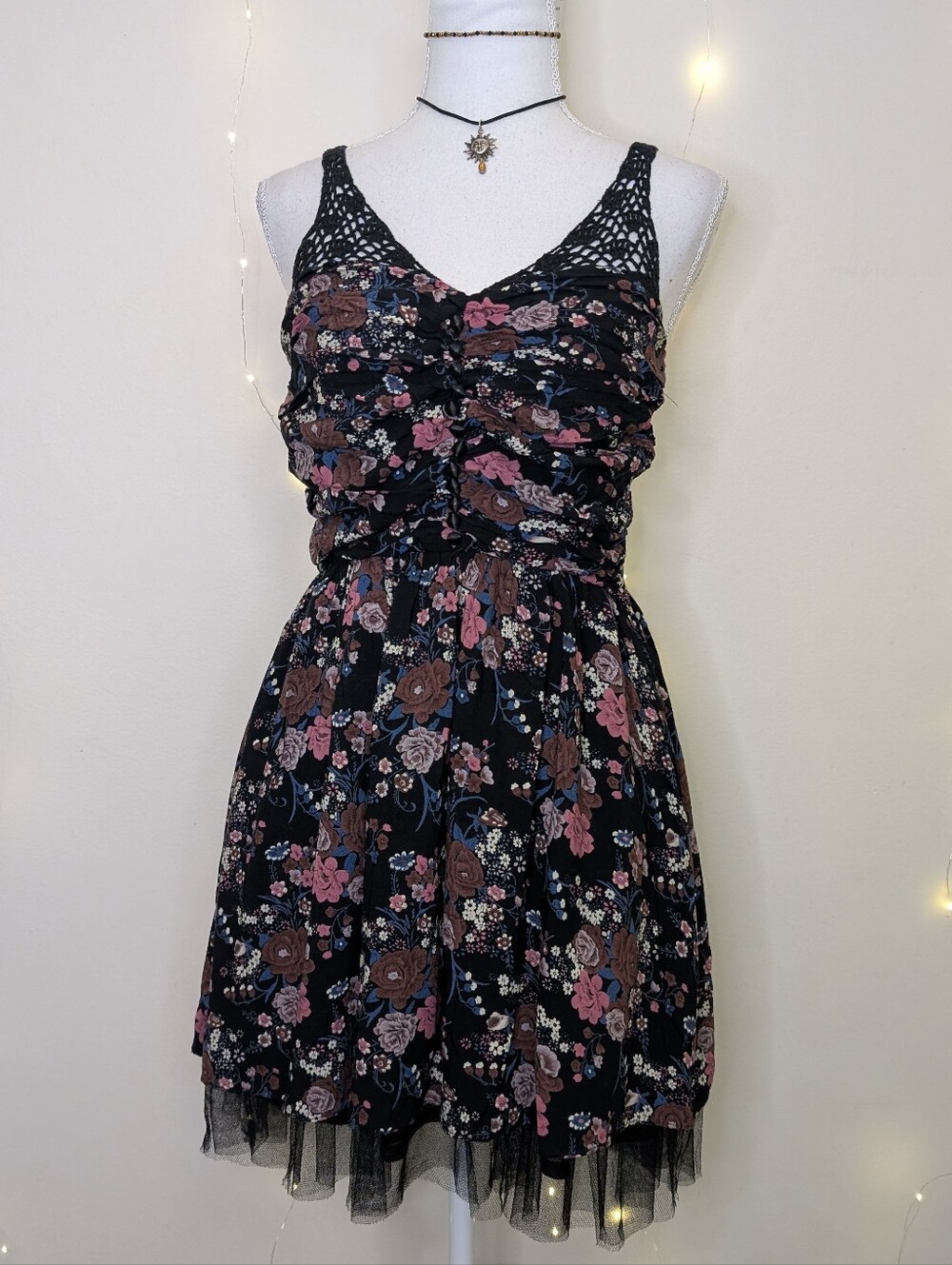 Whimsigoth black floral mini dress with crochet straps and tulle hem